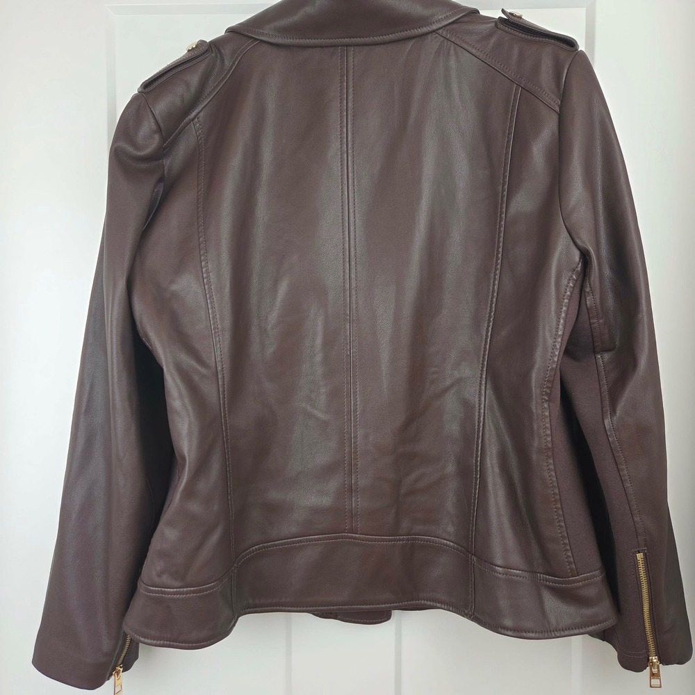 Chicos Brown Faux Leather Moto Jacket Size 3 US 16/18 Gold Hardware Asymmetrical - Picture 12 of 16